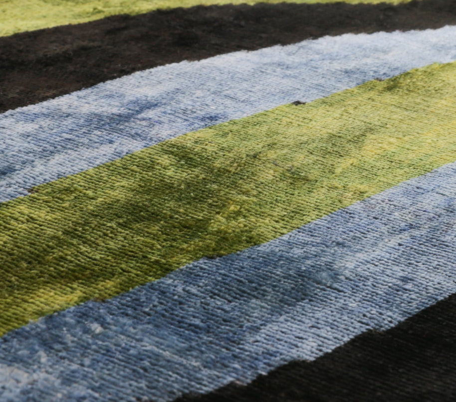 Handmade Silk Velvet Striped Throw Pillow - 16x16, Bold Green, Blue, And Black Design With Down Feather Insert