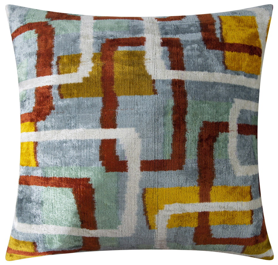 Handmade Silk Velvet Throw Pillow - 20x20, Modern Geometric Design In Burnt Orange, Yellow, And Mint Green With Down Feather Insert