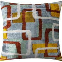 Handmade Silk Velvet Throw Pillow - 20x20, Modern Geometric Design In Burnt Orange, Yellow, And Mint Green With Down Feather Insert