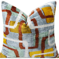 Handmade Silk Velvet Throw Pillow - 20x20, Modern Geometric Design In Burnt Orange, Yellow, And Mint Green With Down Feather Insert