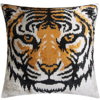 Handmade Silk Velvet Tiger Face Throw Pillow - 20x20, Bold Black, Orange, And White Design With Down Feather Insert
