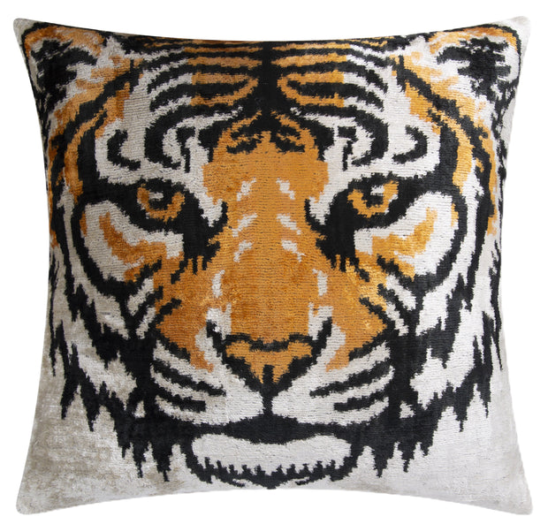 Handmade Silk Velvet Tiger Face Throw Pillow - 20x20, Bold Black, Orange, And White Design With Down Feather Insert