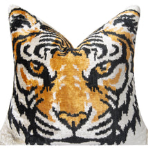 Handmade Silk Velvet Tiger Face Throw Pillow - 20x20, Bold Black, Orange, And White Design With Down Feather Insert