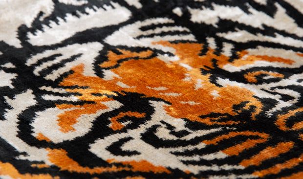 Handmade Silk Velvet Tiger Face Throw Pillow - 20x20, Bold Black, Orange, And White Design With Down Feather Insert