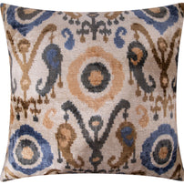 Handmade Silk Velvet Ikat Throw Pillow - 20x20, Beige, Blue, And Brown Luxury Design With Down Feather Insert