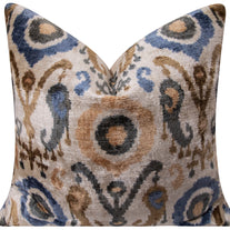 Handmade Silk Velvet Ikat Throw Pillow - 20x20, Beige, Blue, And Brown Luxury Design With Down Feather Insert