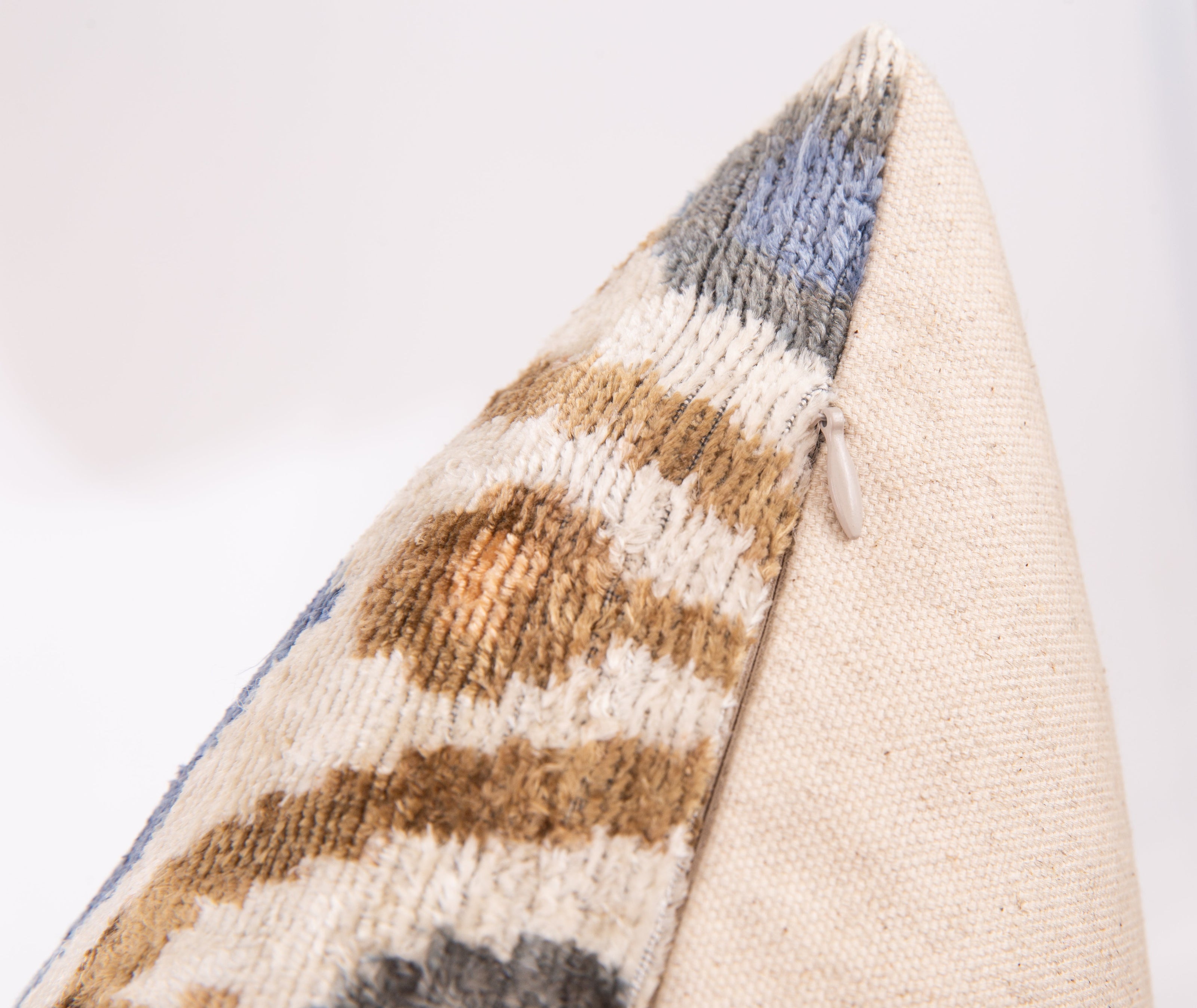 Handmade Silk Velvet Ikat Throw Pillow - 20x20, Beige, Blue, And Brown Luxury Design With Down Feather Insert