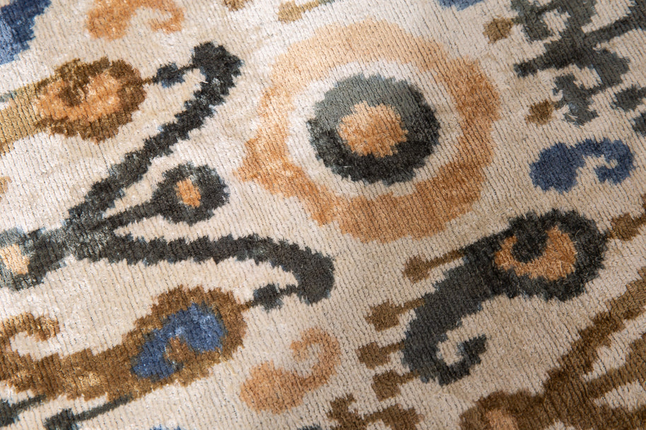 Handmade Silk Velvet Ikat Throw Pillow - 20x20, Beige, Blue, And Brown Luxury Design With Down Feather Insert