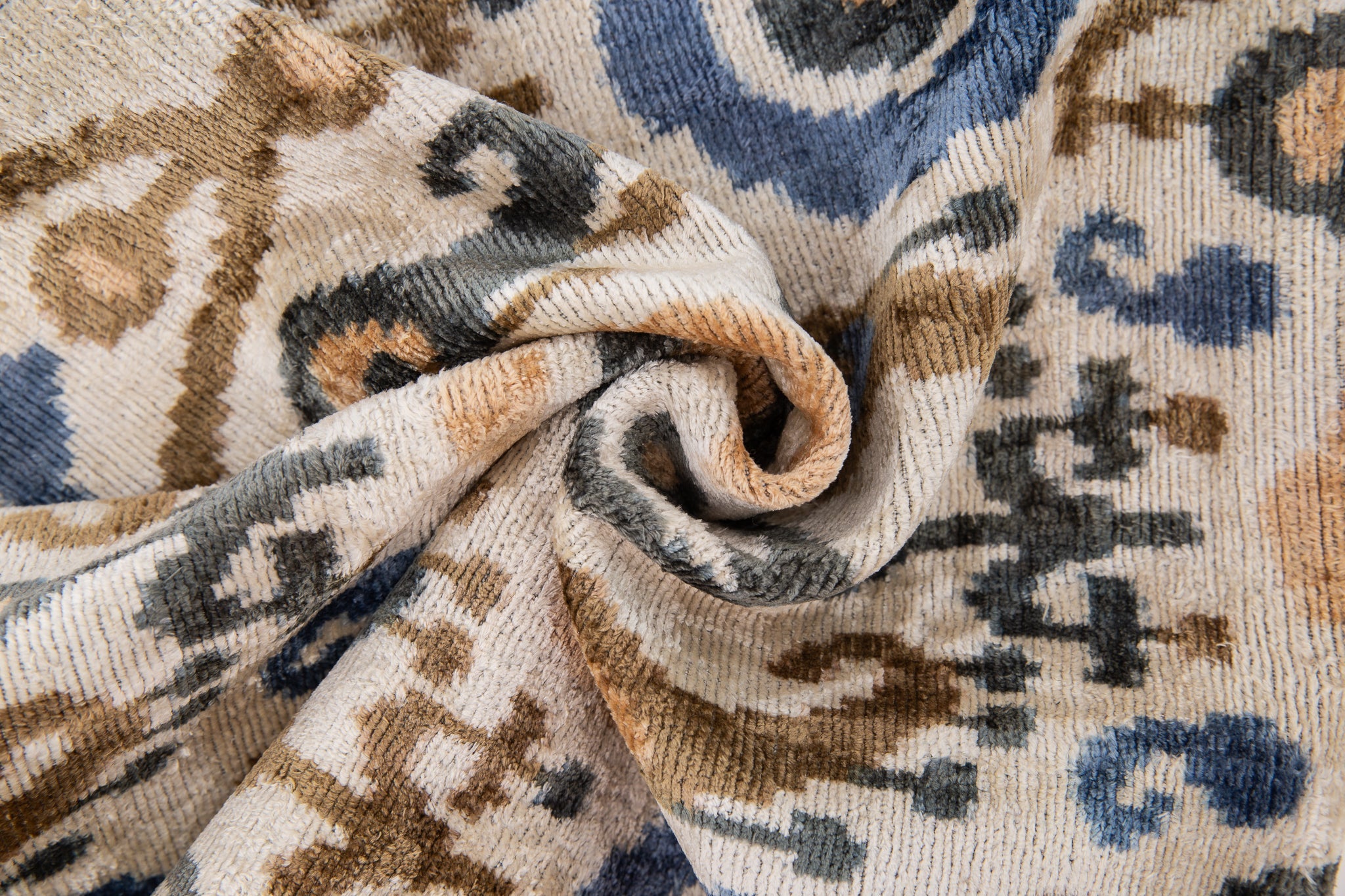 Handmade Silk Velvet Ikat Throw Pillow - 20x20, Beige, Blue, And Brown Luxury Design With Down Feather Insert