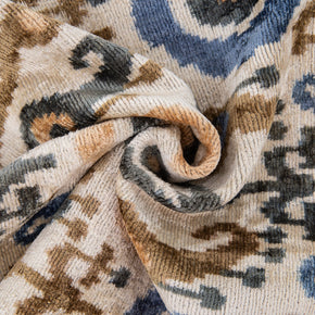 Handmade Silk Velvet Ikat Throw Pillow - 20x20, Beige, Blue, And Brown Luxury Design With Down Feather Insert