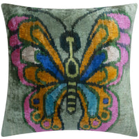 Handmade Silk Velvet Butterfly Throw Pillow - 20x20, Vibrant Green, Pink, Orange, And Blue Design With Down Feather Insert