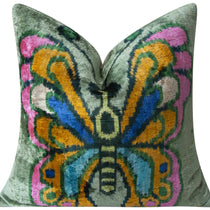 Handmade Silk Velvet Butterfly Throw Pillow - 20x20, Vibrant Green, Pink, Orange, And Blue Design With Down Feather Insert