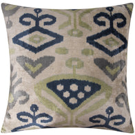 Handmade Silk Velvet Ikat Throw Pillow - 20x20, Beige, Blue, And Green Ikat Design With Down Feather Insert