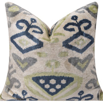 Handmade Silk Velvet Ikat Throw Pillow - 20x20, Beige, Blue, And Green Ikat Design With Down Feather Insert