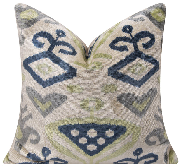 Handmade Silk Velvet Ikat Throw Pillow - 20x20, Beige, Blue, And Green Ikat Design With Down Feather Insert