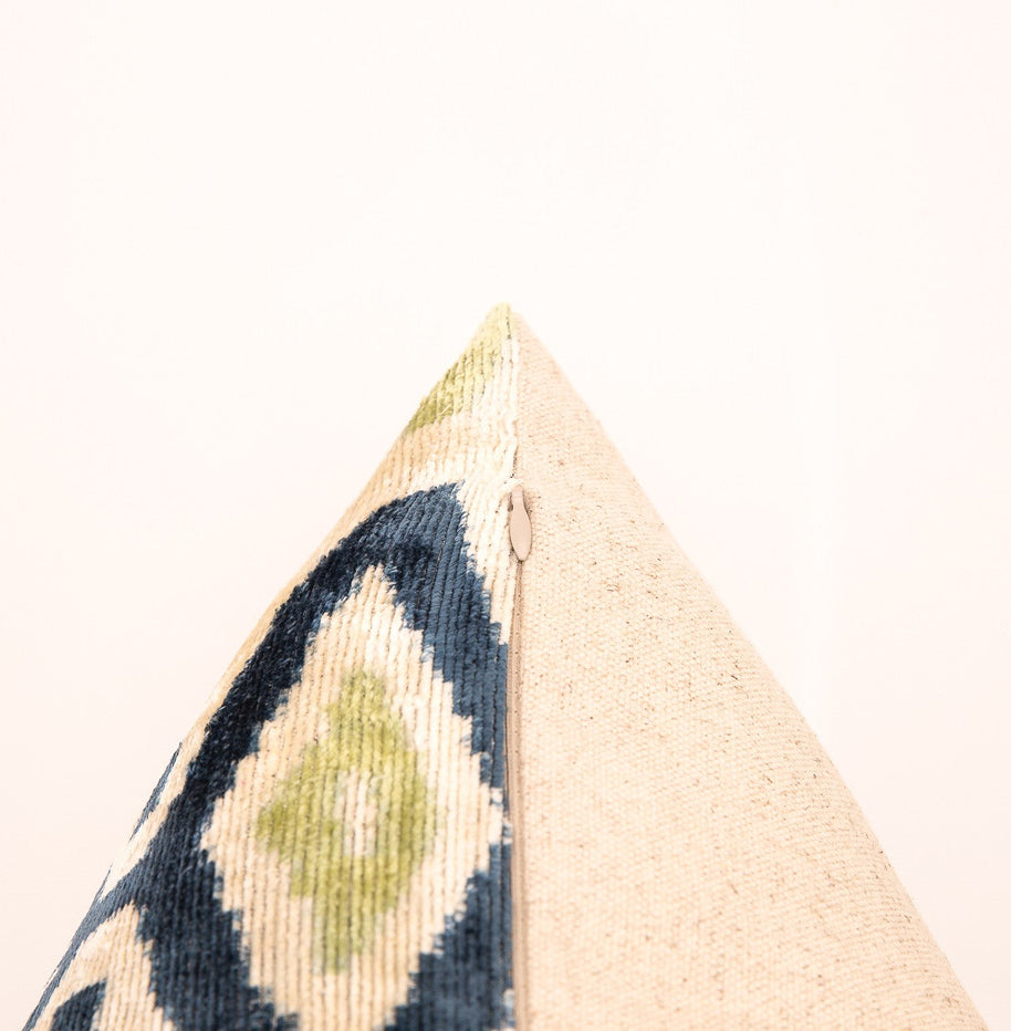 Handmade Silk Velvet Ikat Throw Pillow - 20x20, Beige, Blue, And Green Ikat Design With Down Feather Insert