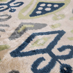 Handmade Silk Velvet Ikat Throw Pillow - 20x20, Beige, Blue, And Green Ikat Design With Down Feather Insert