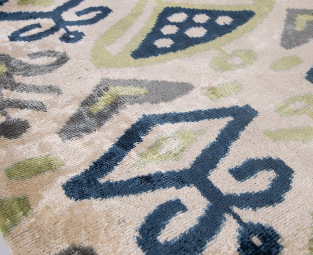 Handmade Silk Velvet Ikat Throw Pillow - 20x20, Beige, Blue, And Green Ikat Design With Down Feather Insert