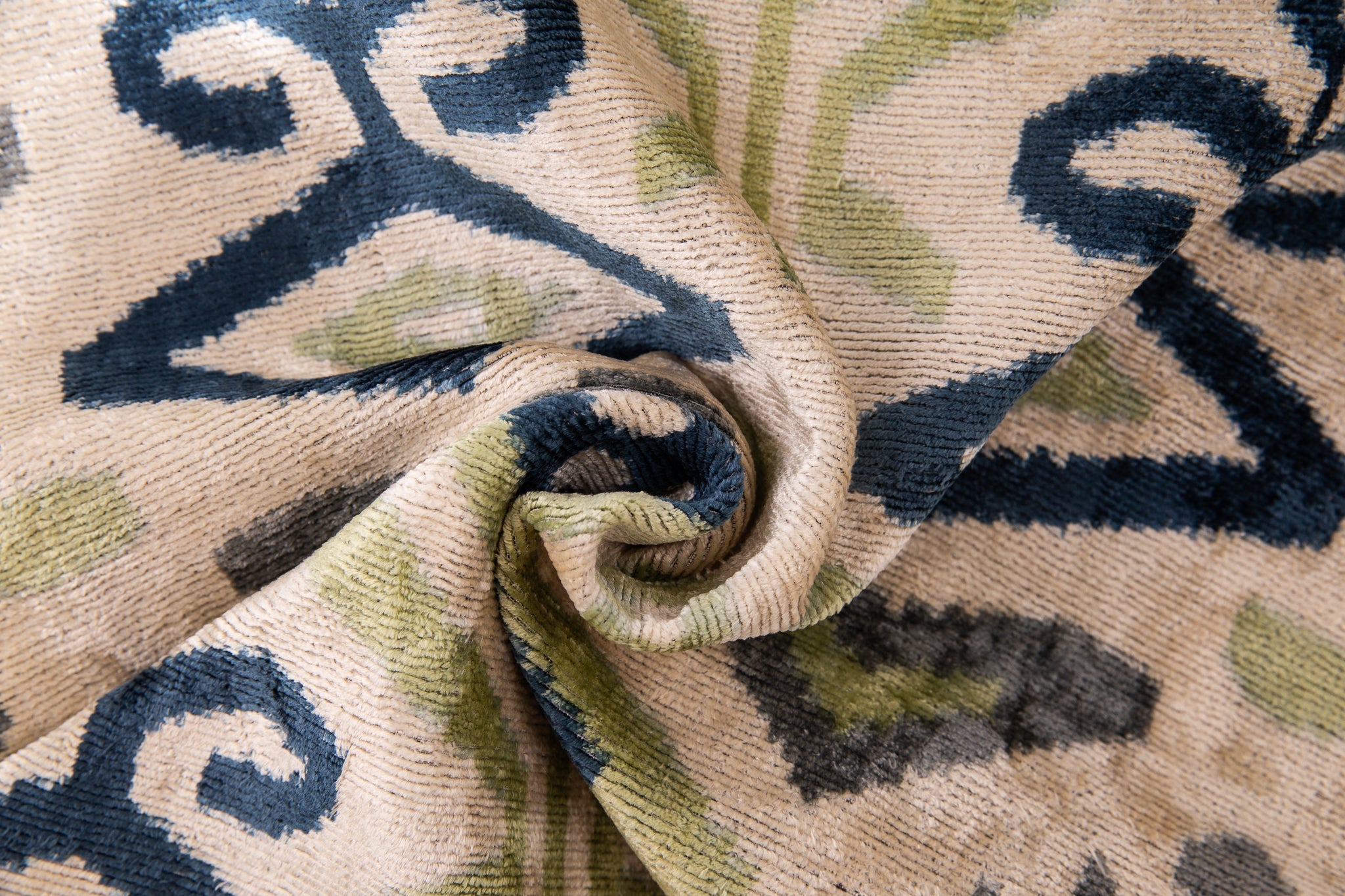 Handmade Silk Velvet Ikat Throw Pillow - 20x20, Beige, Blue, And Green Ikat Design With Down Feather Insert