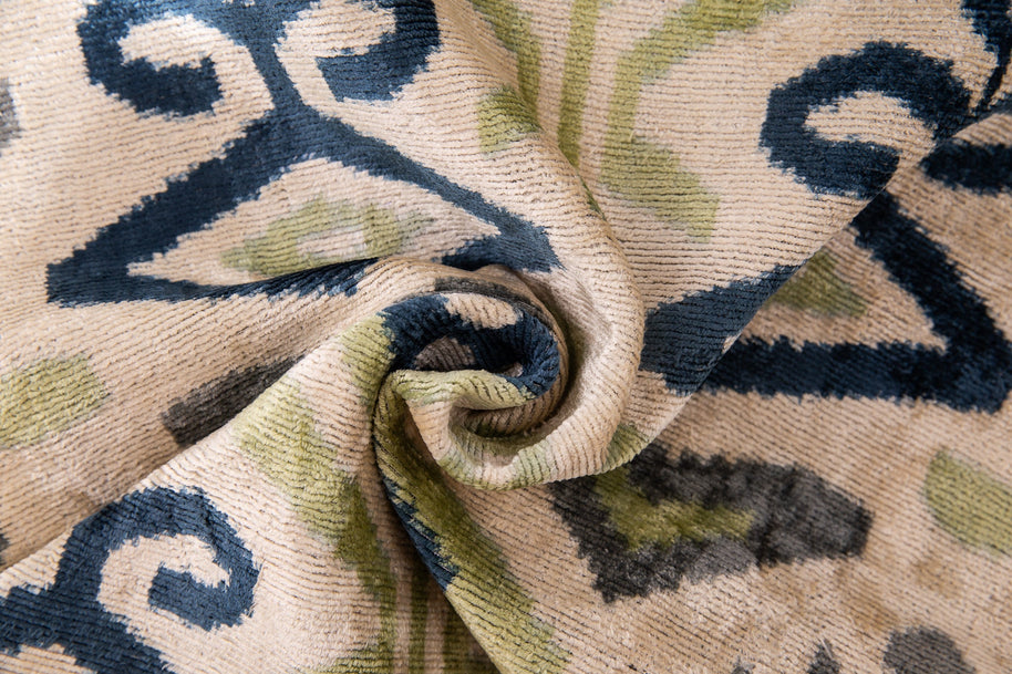 Handmade Silk Velvet Ikat Throw Pillow - 20x20, Beige, Blue, And Green Ikat Design With Down Feather Insert