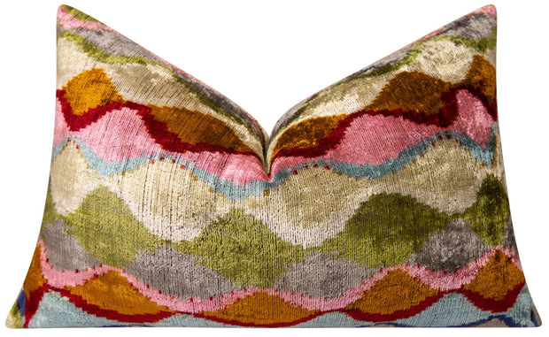 Luxury Handmade Silk Velvet Throw Pillow - 16x24 In, Multicolored Geometric Design With Down Feather Insert