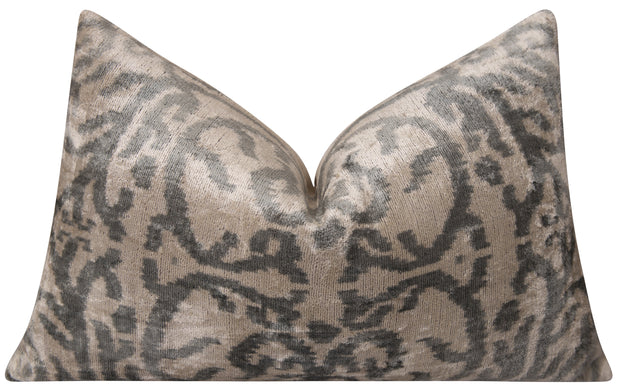 Elegant Handmade Silk Velvet Throw Pillow - 16x24, Taupe And Gray Luxury Cushion With Down Feather Insert