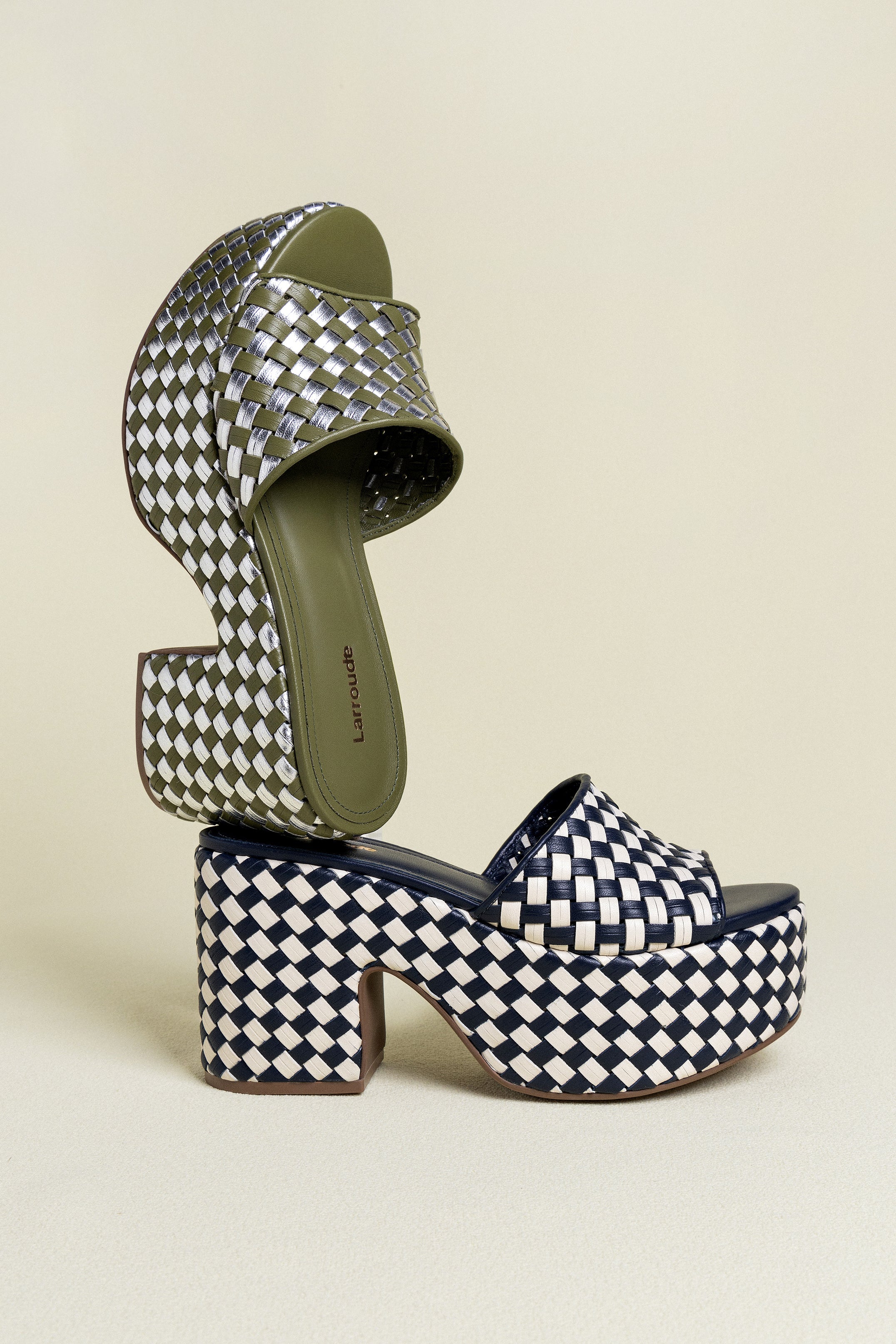 Larroude Miso Platform Sandal In Seaweed Leather And Silver Metallic Leather