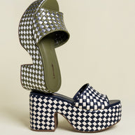 Larroude Miso Platform Sandal In Seaweed Leather And Silver Metallic Leather