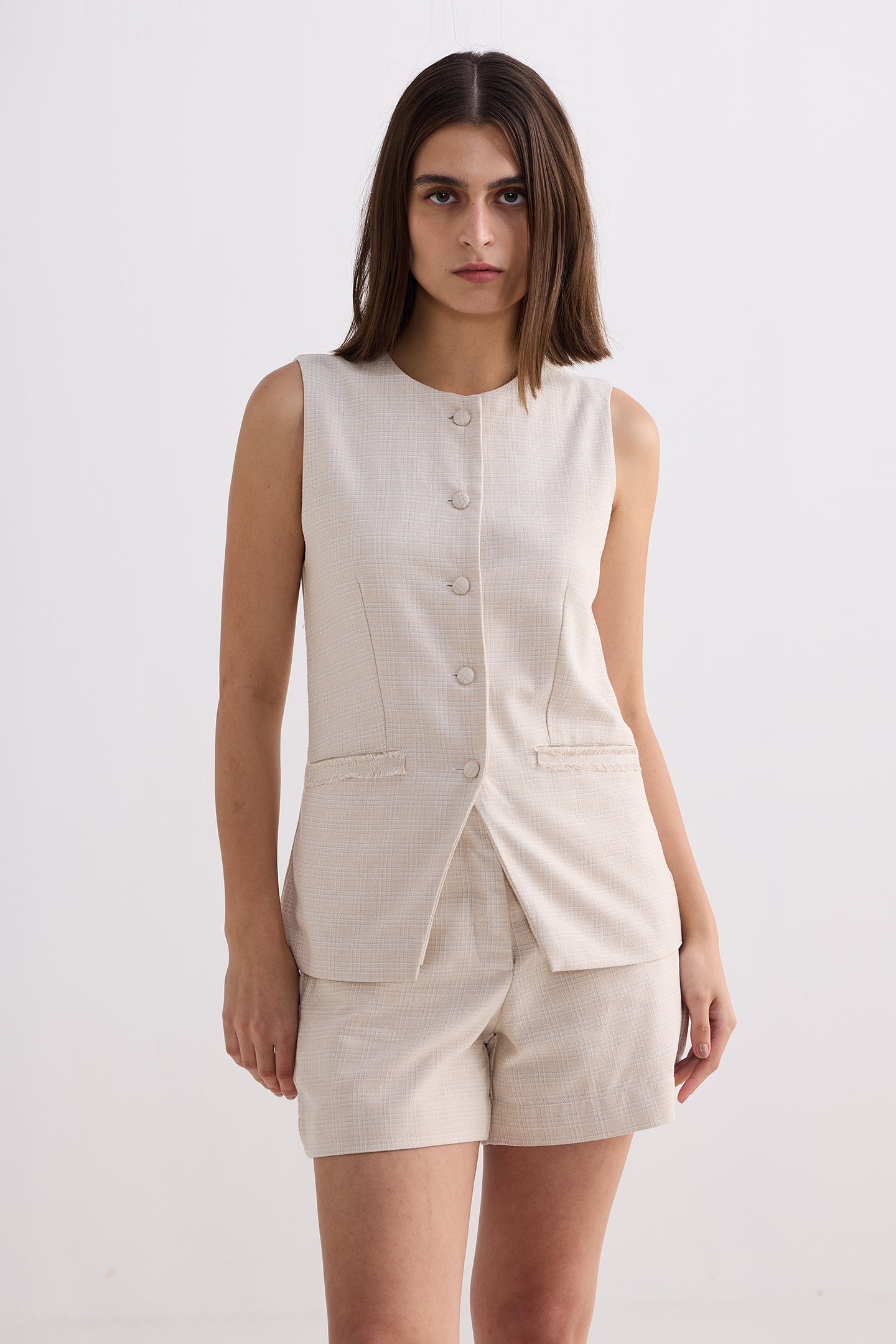 Reistor Cotton Tweed Vest Jacket Set In Cream