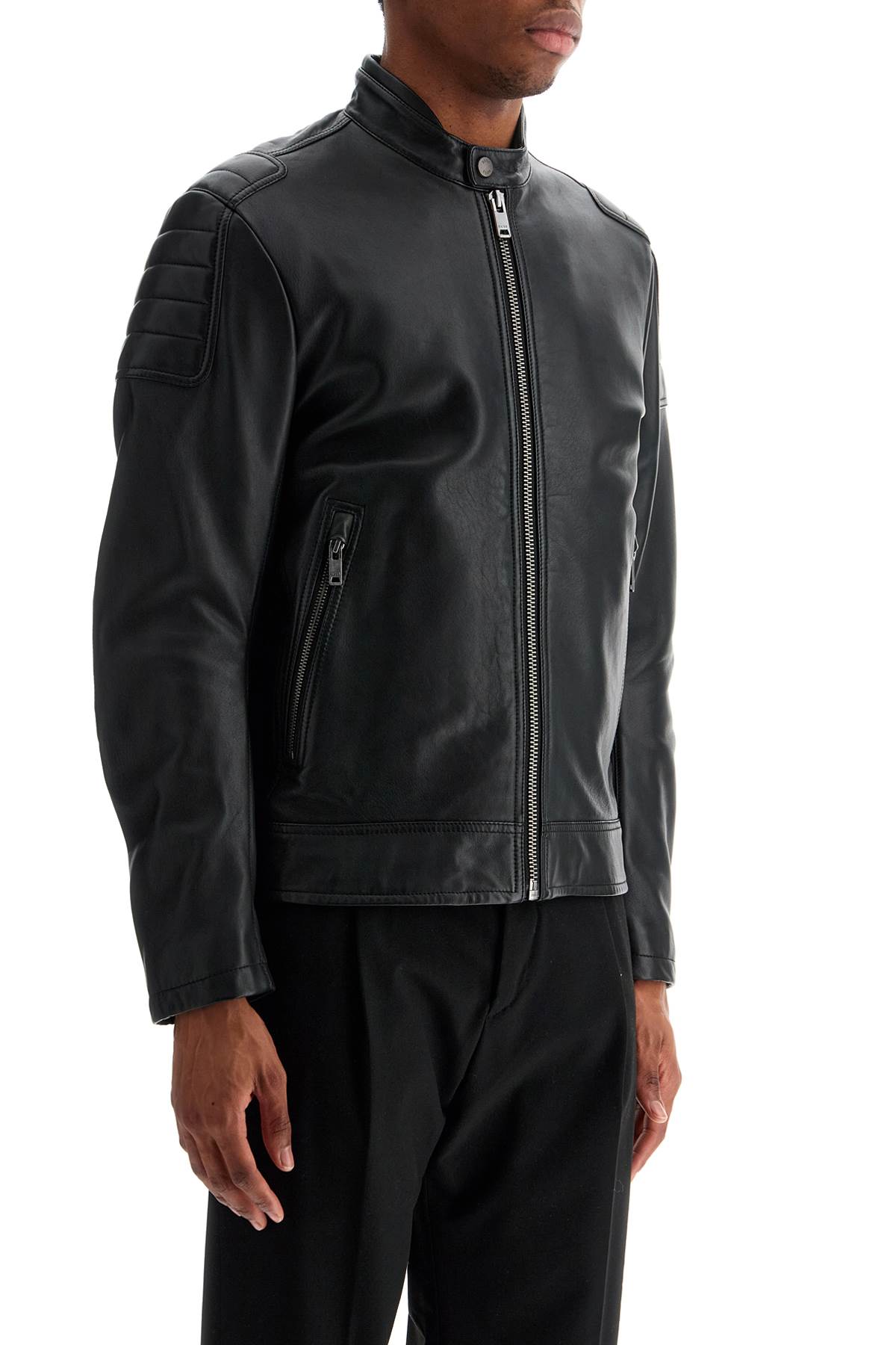 Boss Black Leather Jacket With High Collar And Quilted Details