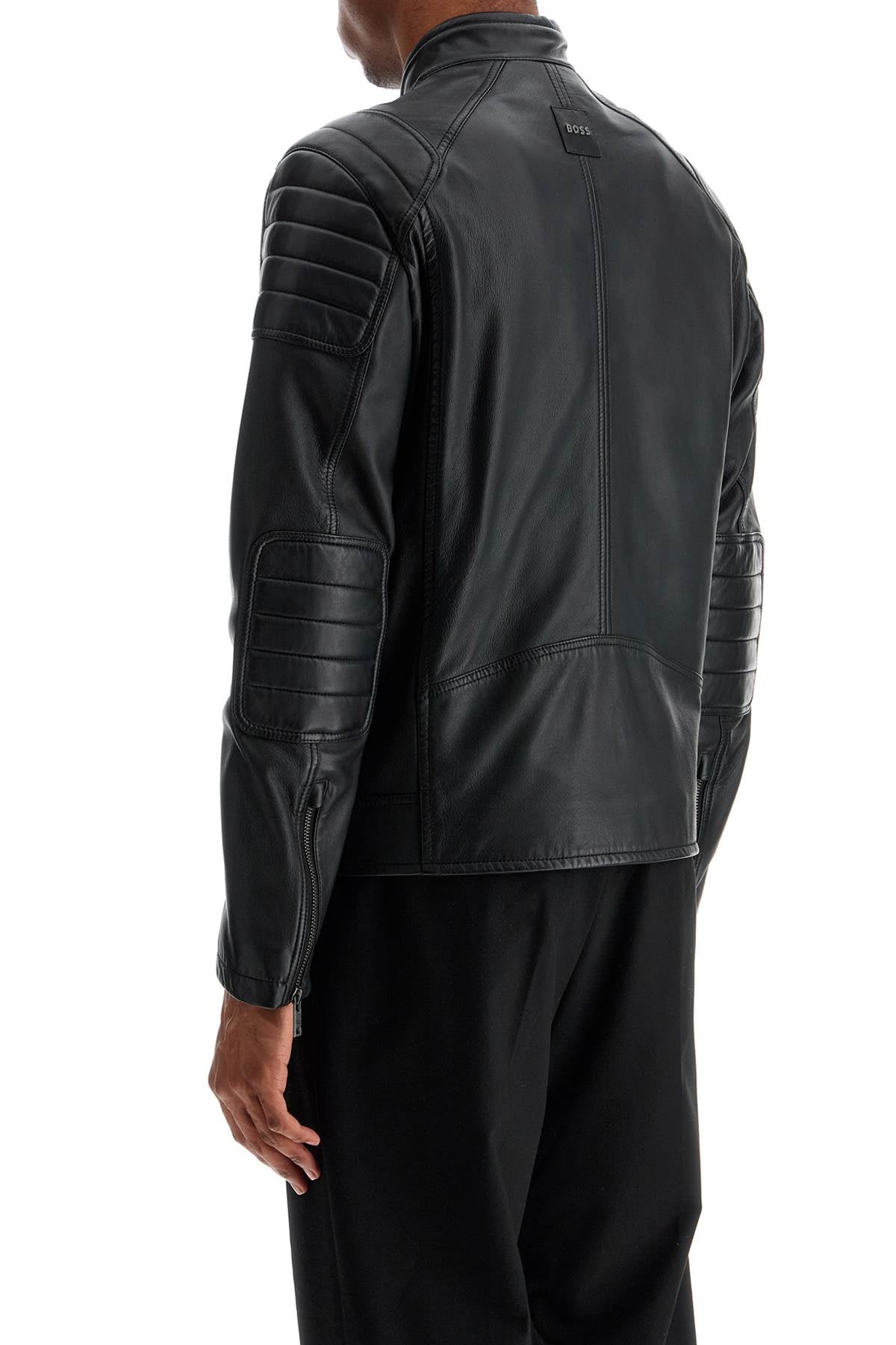 Boss Black Leather Jacket With High Collar And Quilted Details