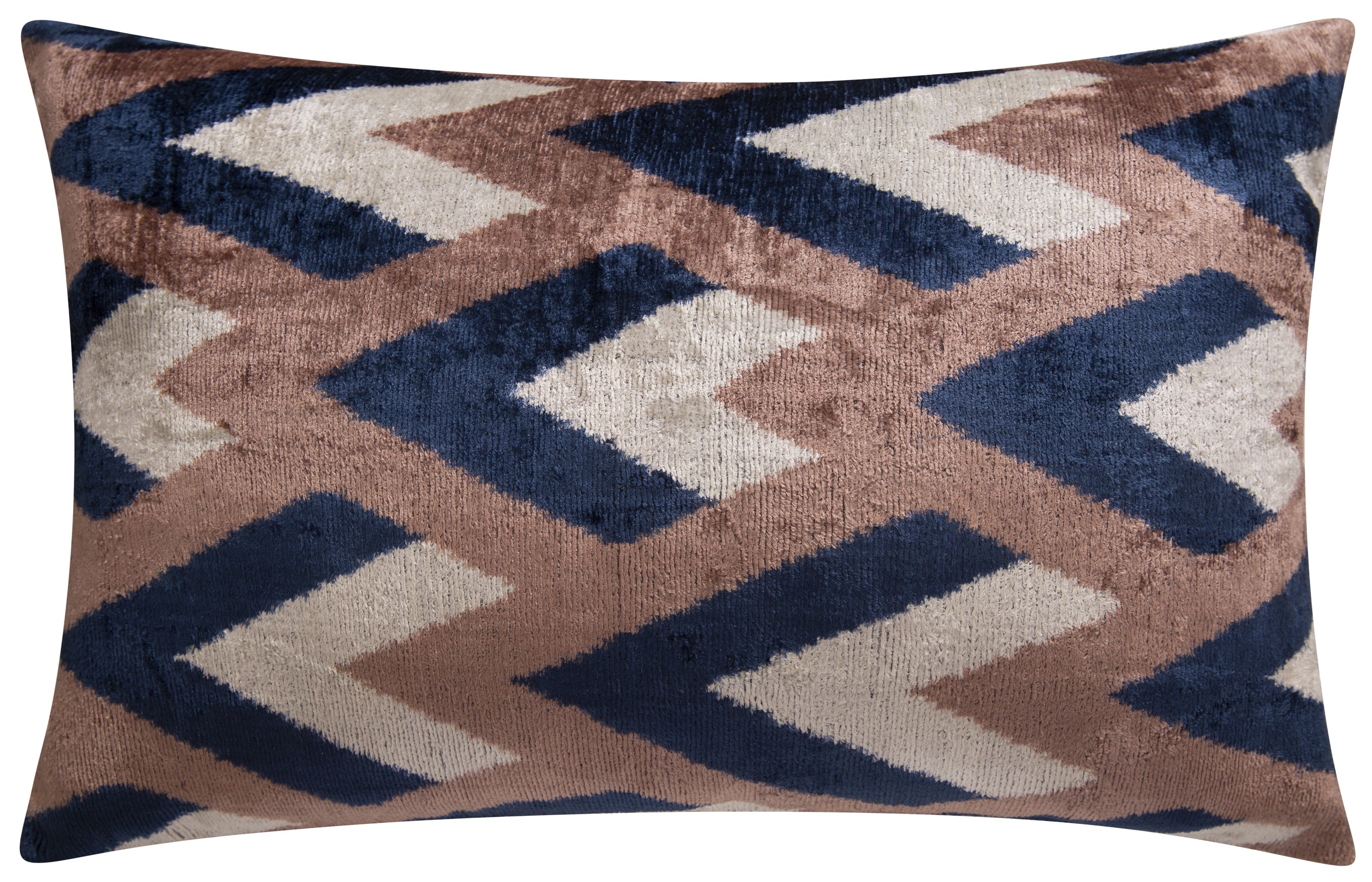 Handmade Geometric Silk Velvet Throw Pillow - 16x24, Navy And Taupe Chevron Pattern With Down Feather Insert