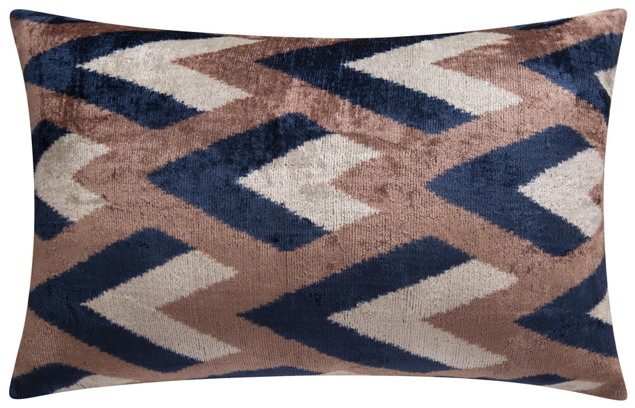Handmade Geometric Silk Velvet Throw Pillow - 16x24, Navy And Taupe Chevron Pattern With Down Feather Insert