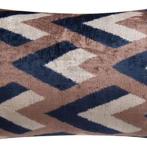 Handmade Geometric Silk Velvet Throw Pillow - 16x24, Navy And Taupe Chevron Pattern With Down Feather Insert
