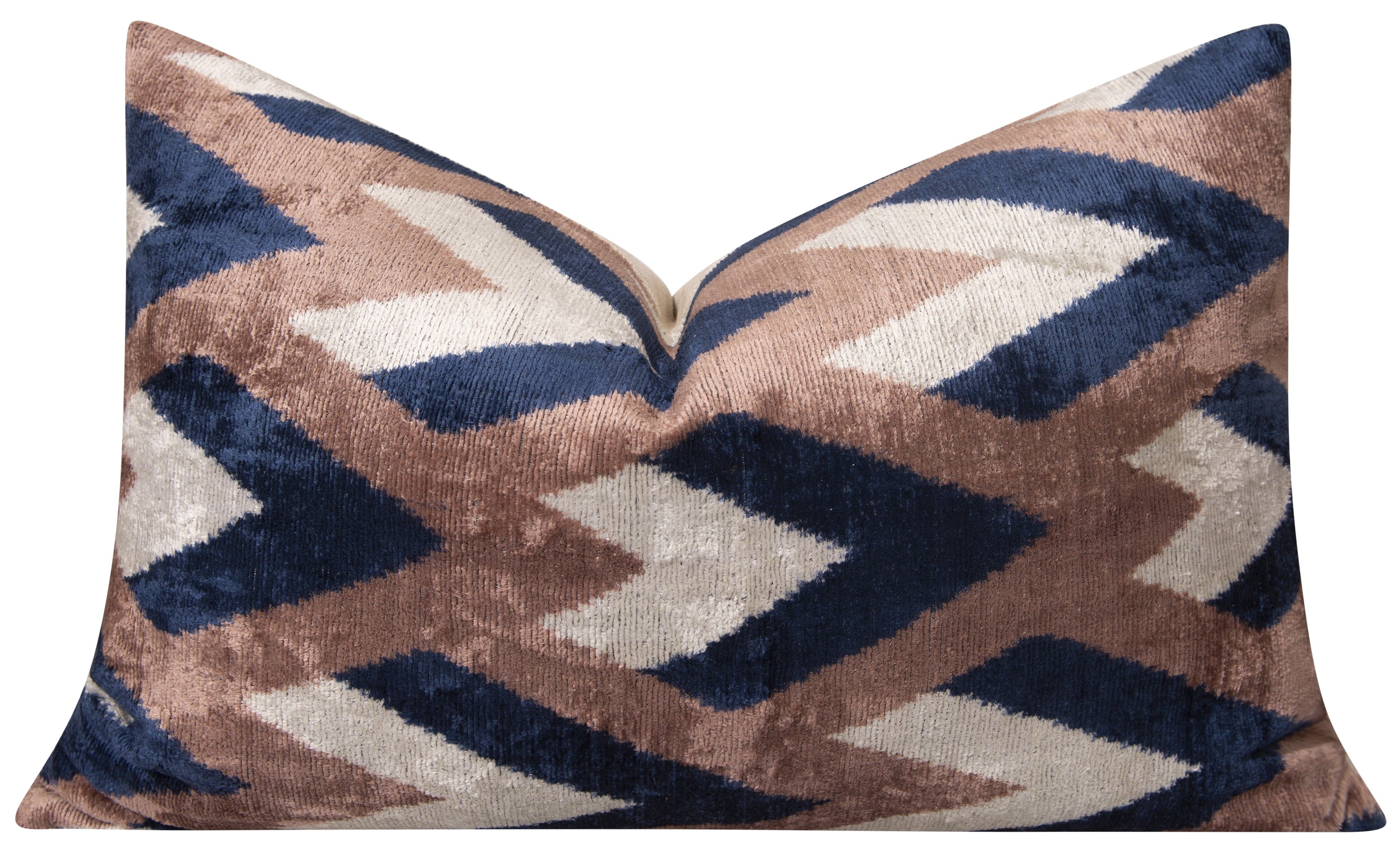 Handmade Geometric Silk Velvet Throw Pillow - 16x24, Navy And Taupe Chevron Pattern With Down Feather Insert