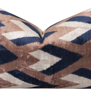 Handmade Geometric Silk Velvet Throw Pillow - 16x24, Navy And Taupe Chevron Pattern With Down Feather Insert