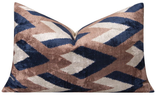 Handmade Geometric Silk Velvet Throw Pillow - 16x24, Navy And Taupe Chevron Pattern With Down Feather Insert