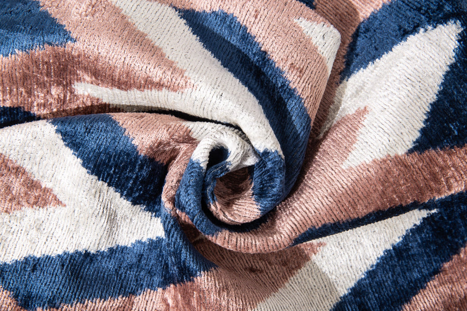 Handmade Geometric Silk Velvet Throw Pillow - 16x24, Navy And Taupe Chevron Pattern With Down Feather Insert