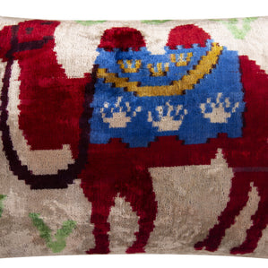 Handmade Silk Velvet Camel Design Throw Pillow - 16x24, Multicolored Exotic Accent Pillow With Down Feather Insert