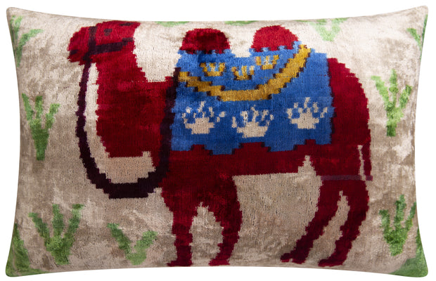 Handmade Silk Velvet Camel Design Throw Pillow - 16x24, Multicolored Exotic Accent Pillow With Down Feather Insert