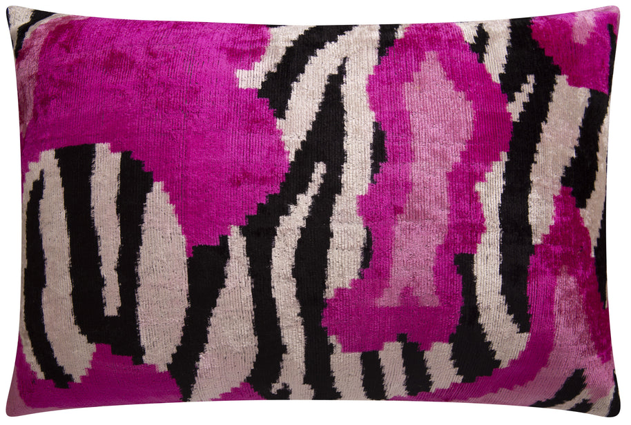 Bold Handmade Silk Velvet Throw Pillow - 16x24, Fuchsia And Black Abstract Animal Print With Down Feather Insert