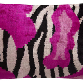 Bold Handmade Silk Velvet Throw Pillow - 16x24, Fuchsia And Black Abstract Animal Print With Down Feather Insert