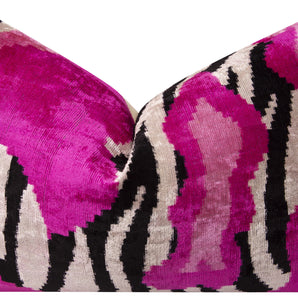 Bold Handmade Silk Velvet Throw Pillow - 16x24, Fuchsia And Black Abstract Animal Print With Down Feather Insert