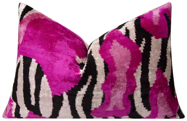 Bold Handmade Silk Velvet Throw Pillow - 16x24, Fuchsia And Black Abstract Animal Print With Down Feather Insert