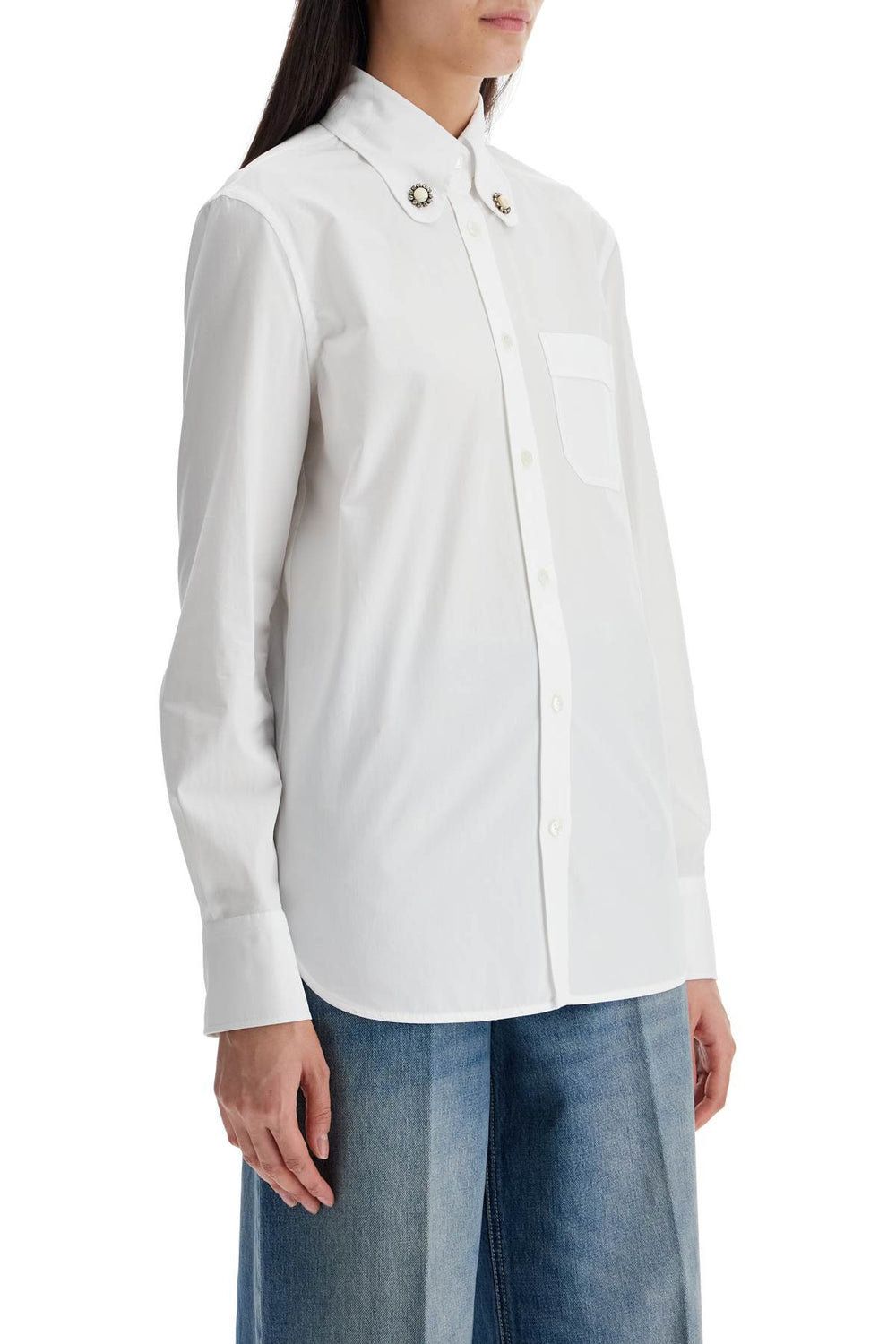 Valentino Garavani Structured Collar White Optical Long Sleeve Cotton Shirt