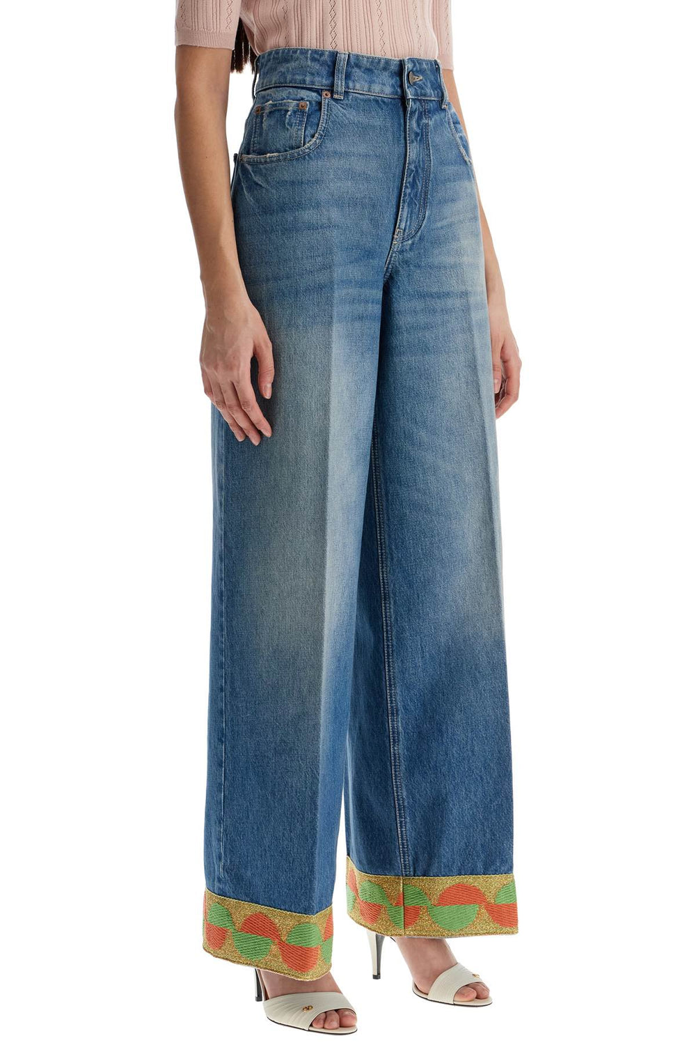 Valentino Garavani Wide Leg High Waist Jeans With Colorful Trim In Medium Blue