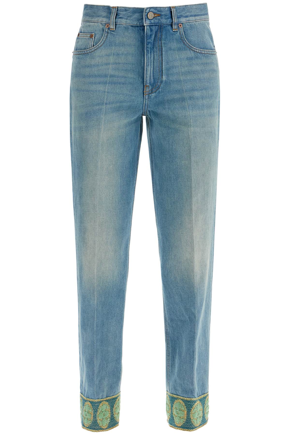 Valentino Garavani Straight Leg High Waist Jeans With Green Embroidery