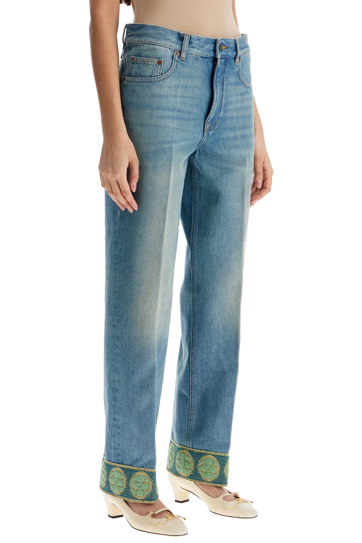 Valentino Garavani Straight Leg High Waist Jeans With Green Embroidery