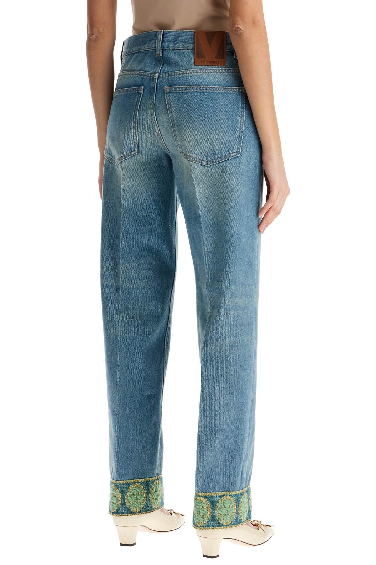 Valentino Garavani Straight Leg High Waist Jeans With Green Embroidery