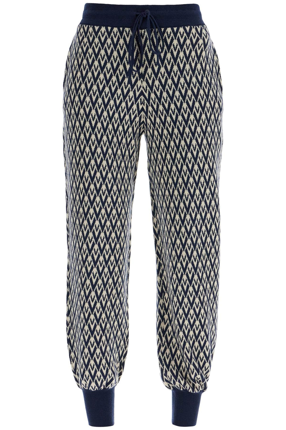 Valentino Garavani High-waisted Wide-leg Zigzag Cream And Navy Virgin Wool Pants